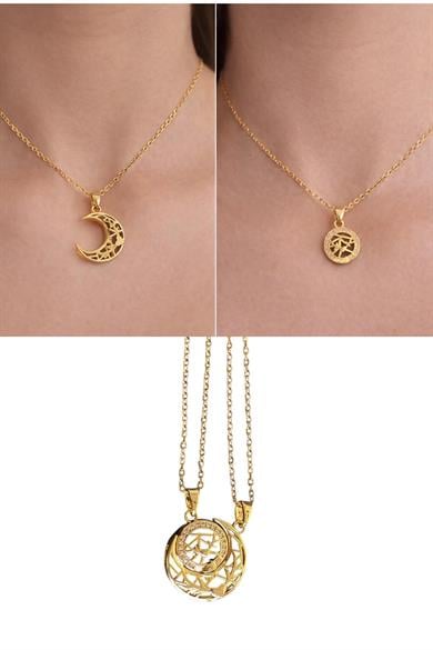 Altın Renk Ay Detaylı İkili Mıknatıslı Çelik Arkadaşlık Kolyesi