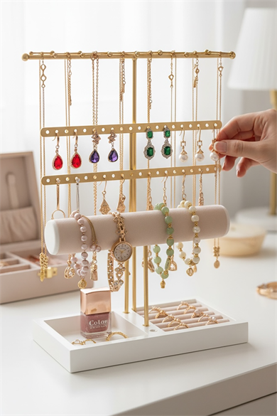 Altın Renk Üç Katlı Saat/Bileklik Takı Standı