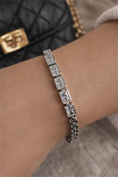 Gümüş Renk Taş Detaylı Çelik Xupıng VİP Bileklik