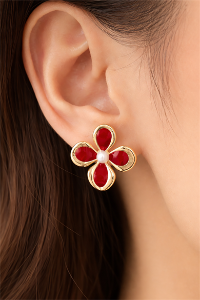 Altın Ve Kırmızı Renk Çiçek Figürlü Küpe (Çift)