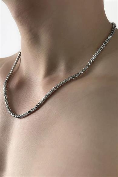 Gümüş Renk Zincir Detaylı Unisex Çelik Kolye