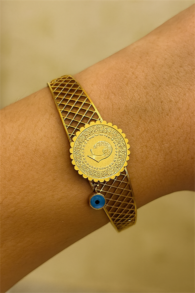 Altın Renk Çeyrek Figürlü Çelik Kelepçe Bileklik