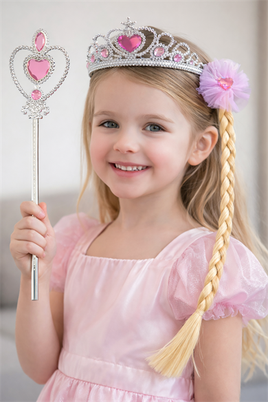 Pembe Renk Taç /Asa/Örgülü Toka Set