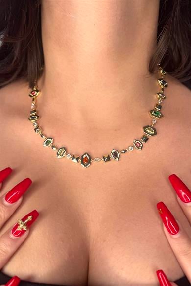 Altın Renk Renkli Taş Detaylı 14K Altın Kaplama VİP Kolye