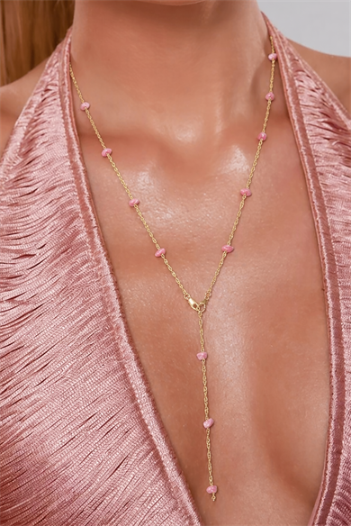 Altın Renk Taş Detaylı Çelik Y Kolye