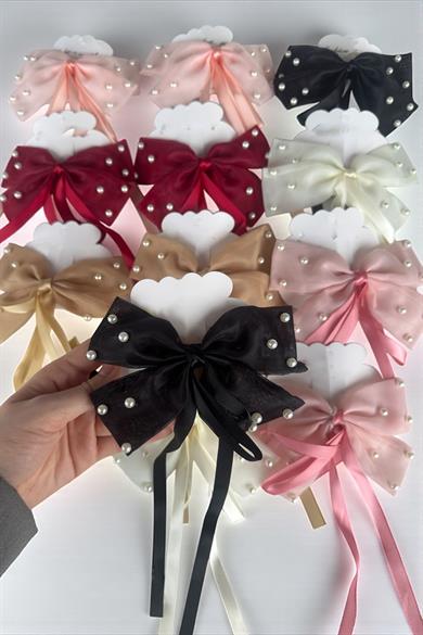 12li Karışık Renk Kurdele Figürlü İnci Detaylı Otomat Toka Set 