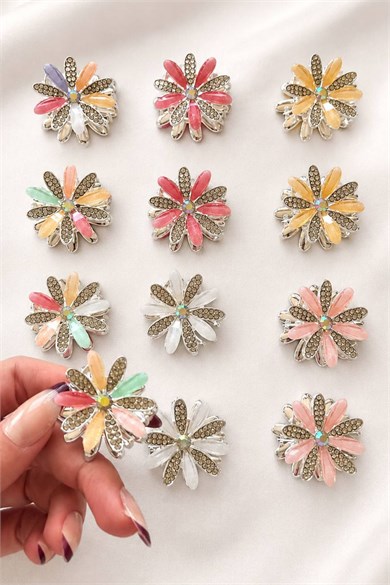 12li Karışık Renk Çiçek Figürlü Taş Detaylı Metal Mandal Toka Set