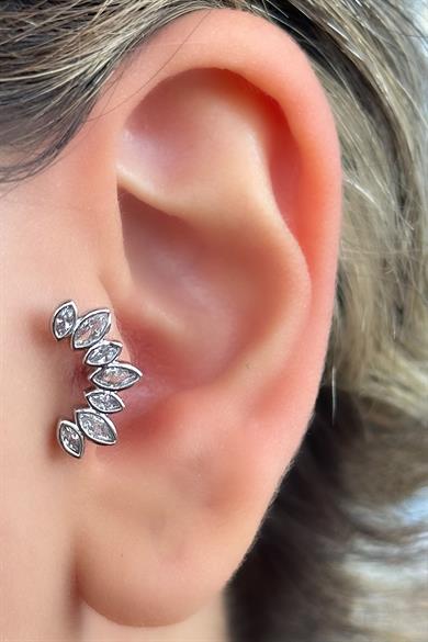 Gümüş Renk Taş Detaylı Çelik Tragus/Kıkırdak Küpe/Piercing (Tek)