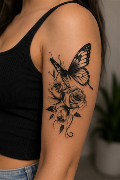 Kelebek Ve Gül Geçici Dövme Tattoo