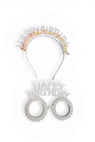 Gri Renk Happy Birthday Yazılı Gözlük Ve Taç