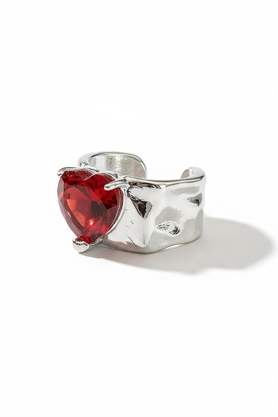 Gümüş Renk Kalp Figürlü Kırmızı Taş Detaylı 14K Altın Kaplama Ear Cuff (Tek)