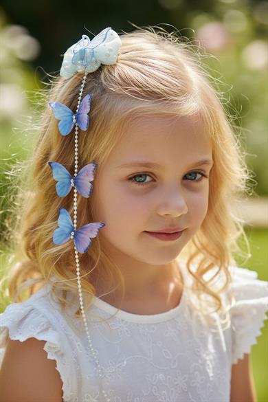 Mavi Renk Kelebek Figürlü İnci Detaylı Çocuk Yan Toka