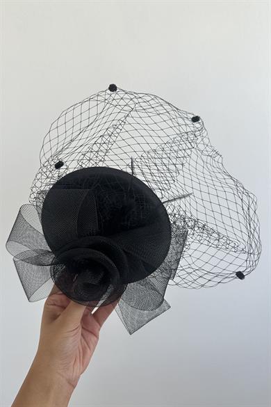 Siyah Renk Çiçek Detaylı Nikah Şapkası/Vualet Şapka