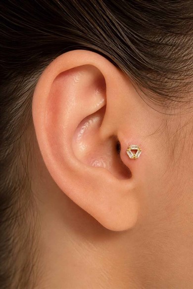 Altın Renk Taşlı Cerrahi Çelik Tragus/Kıkırdak Küpe/Piercing (Tek)