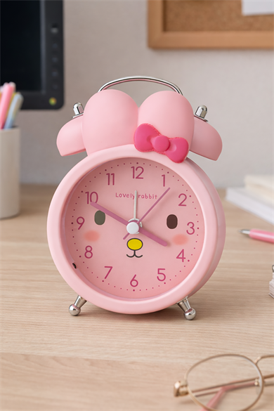 Pembe Renk Tavşan Figürlü Mini Dekoratif Işıklı Alarmlı Yuvarlak Masa Saati