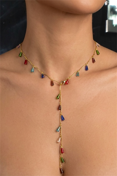 Altın Renk Taş Detaylı Çelik Y Kolye