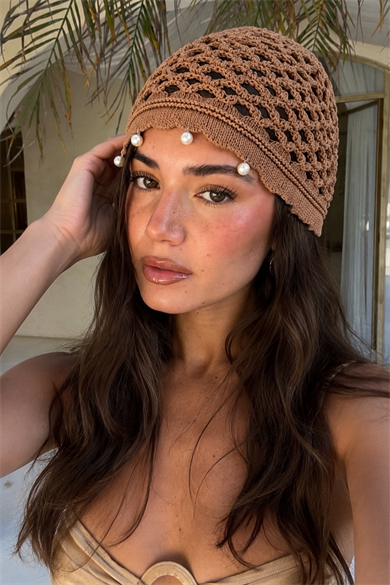 Kahve Renk İnci Detaylı Örgü Saç Bandana