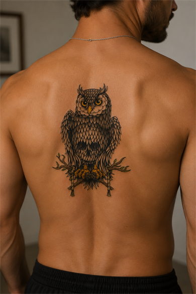 Kurukafa Detaylı Baykuş Geçici Dövme Tattoo