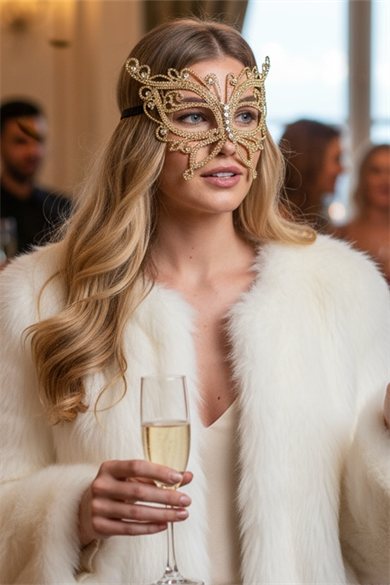 Altın Renk Kelebek Figürlü Taşlı Parti Maskesi 