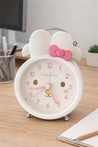 Beyaz Renk Tavşan Figürlü Mini Dekoratif Işıklı Alarmlı Yuvarlak Masa Saati