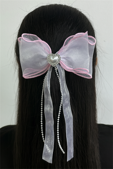 Karışık Renk İnci Ve Kalp Detaylı Kurdele Otomat Toka