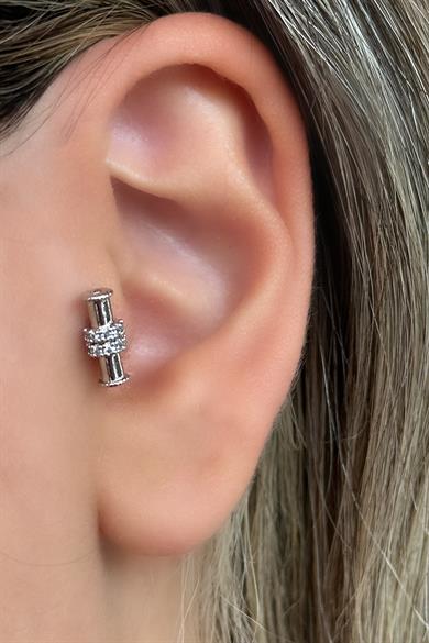 Gümüş Renk Taş Detaylı Çelik Tragus/Kıkırdak Küpe/Piercing (Tek)