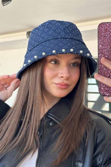 Mavi Renk İnci Detaylı Kot Tasarım Şapka