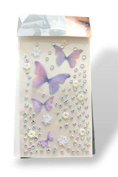 Mor Renk Kelebek Figürlü Taş Detaylı Yüz Taşı/ Yapışkanlı Taşlı Yüz Sticker