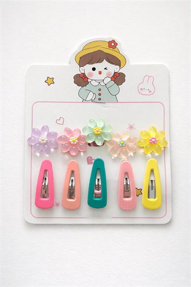 Karışık Renk Çiçek Figürlü Lastik Toka Ve Yan Toka Set