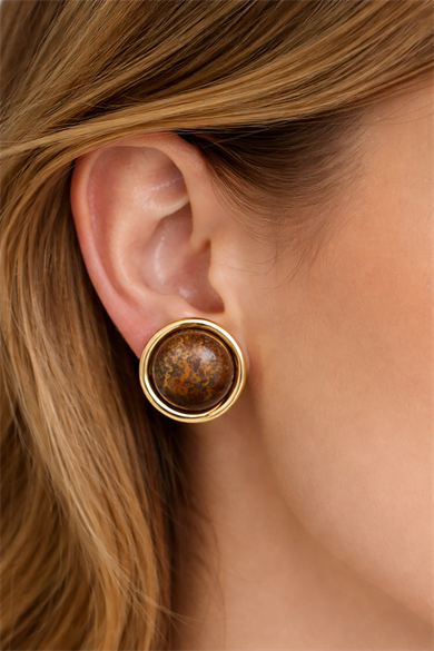 Altın Renk Kahverengi Taş Detaylı Küpe (Çift)