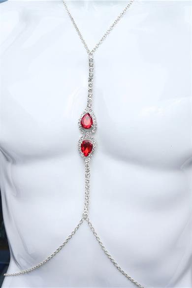 Gümüş Renk Kırmızı Taş Detaylı Tasarım Vücut Aksesuar