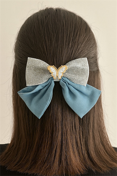 Mavi Renk Kelebek Figürlü Taş Detaylı Kurdele Otomat Toka