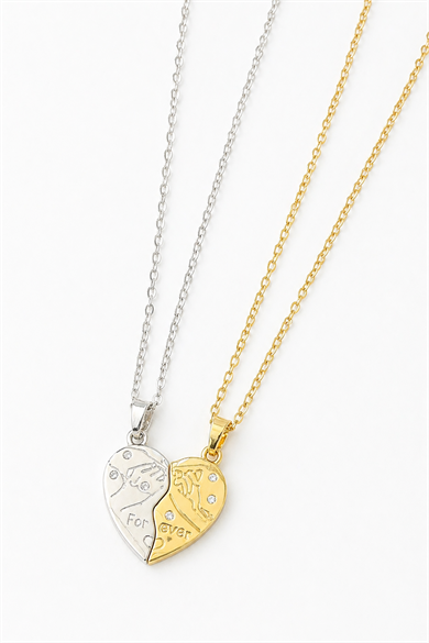 Altın Ve Gümüş Renk Kalp Figürlü Mıknatıslı Çelik Arkadaşlık Kolyesi