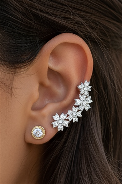Gümüş Renk Çiçek Figürlü Taş Detaylı Ear Cuff (Tek)