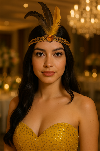 Sarı Renk Tüy Figürlü Charleston Saç Bandı