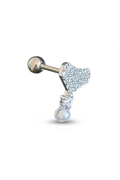 Gümüş Renk Kalp Figürlü Taşlı Cerrahi Çelik Tragus/Kıkırdak Küpe/Piercing (Tek)