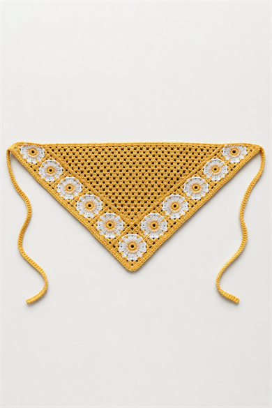 Sarı Renk Çiçek Desenli Örgü Saç Bandana