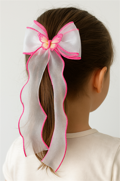 Koyu Pembe Ve Beyaz  Renk Kelebek Figürlü Otomat Toka