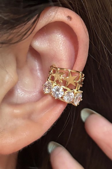 Altın Renk Yıldız Detaylı Taşlı Ear Cuff/Kulak Aksesuarı (Tek)