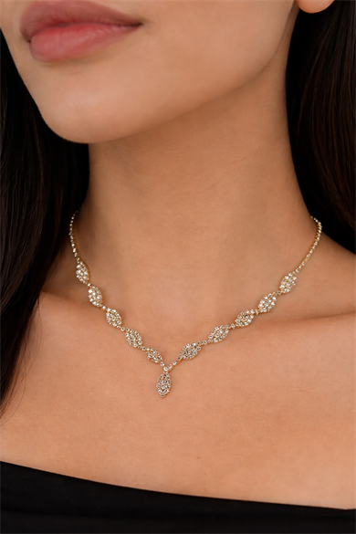 Altın Renk Taş Detaylı Tasarım Abiye Kolye