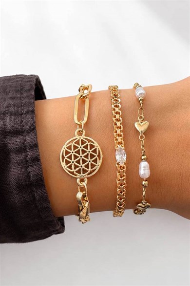 Altın  Renk  Zincir Detaylı 3lü Bileklik Set