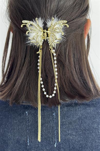 Altın Renk Kelebek Figürlü Taş Ve İnci Detaylı Metal Mandal Toka