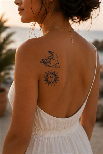Güneş Ve Ay Sonradan Kararan Yarı Kalıcı Geçici Dövme Tattoo