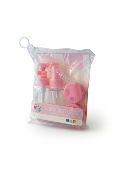 Pembe Renk Seyahat Kiti/ 4lü Doldurulabilir Şişe Set+Krem Kutusu