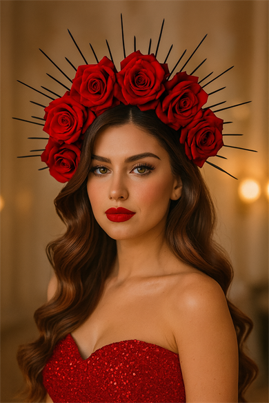 Kırmızı Renk Çiçek Detaylı Gelin/Kına Tasarım Taç