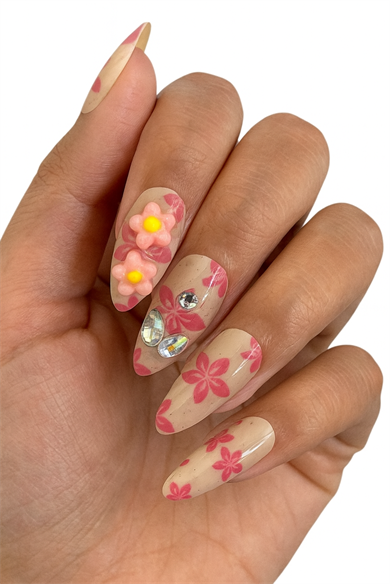 10lu Pembe Ve Krem Renk Çiçek Figürlü Taş Detaylı Takma Tırnak Set (Yapıştırıcılı)