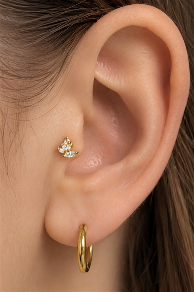 Altın Renk Taşlı Cerrahi Çelik Tragus/Kıkırdak Küpe/Piercing (Tek)