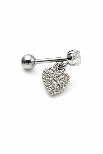 Gümüş Renk Kalp Figürlü Taşlı Cerrahi Çelik Tragus/Kıkırdak Küpe/Piercing (Tek)