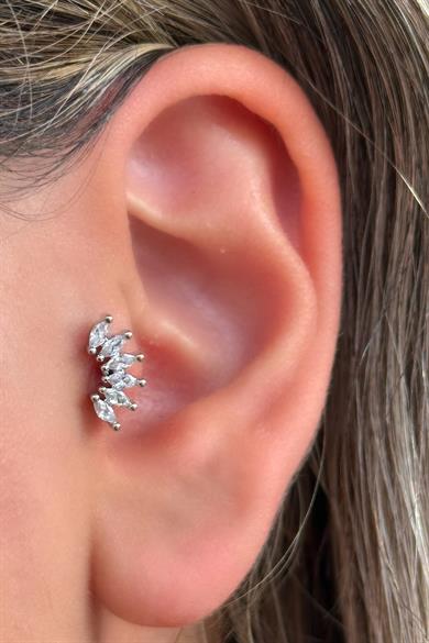 Gümüş Renk Taş Detaylı Çelik Tragus/Kıkırdak Küpe/Piercing (Tek)