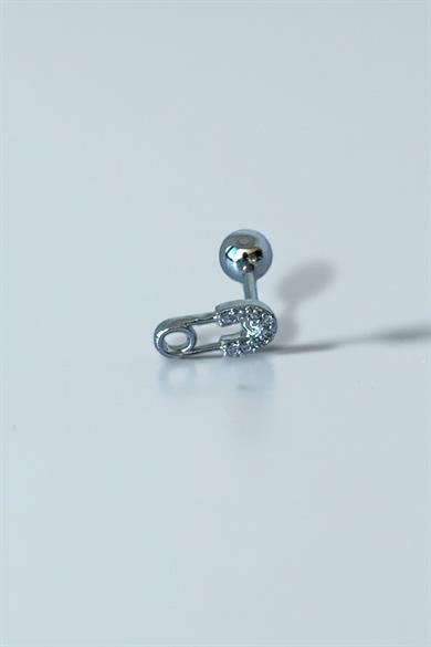 Gümüş Renk İğne Figürlü Taş Detaylı Çelik Tragus/Kıkırdak Küpe/Piercing (Tek)